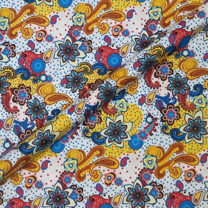 Colorful fabric pattern with flowers and paisleys on a white background