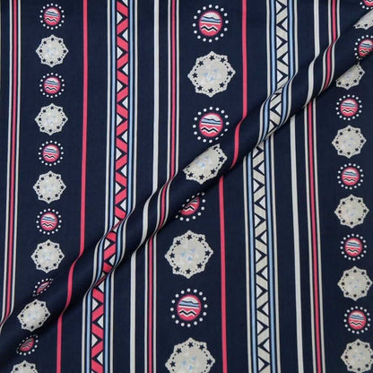 Navy fabric with red, white, and blue geometric patterns